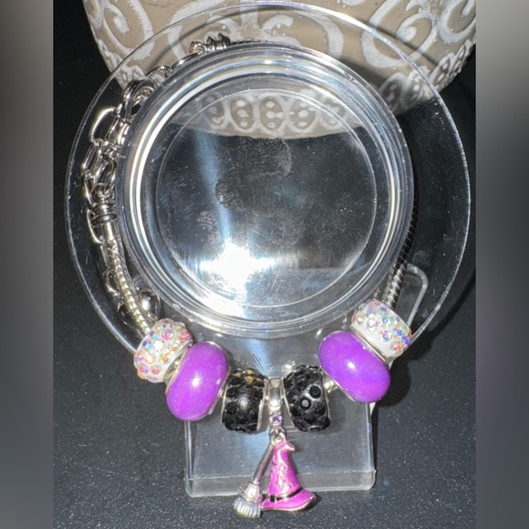 Halloween Handcrafted Witch Hat & Broom Bracelet Purple & Silver Adjustable - Picture 3 of 4